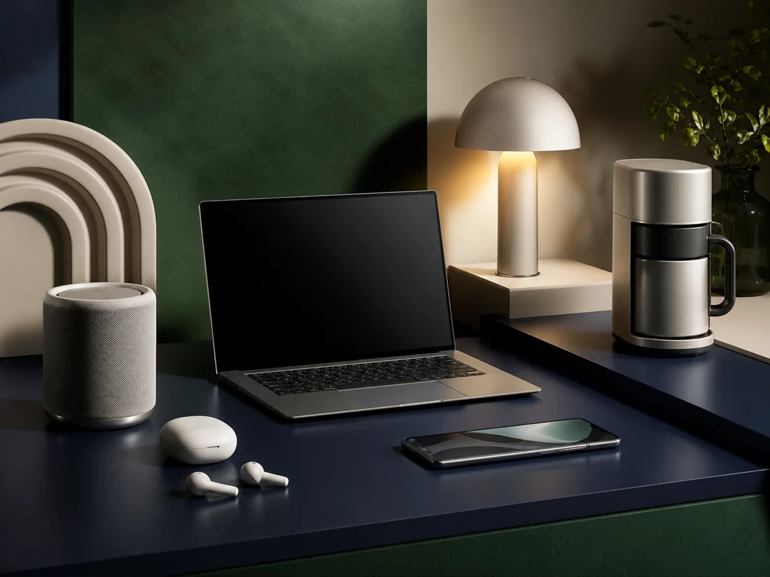 Unbranded laptop, phone, audio products, lighting, and a coffee maker