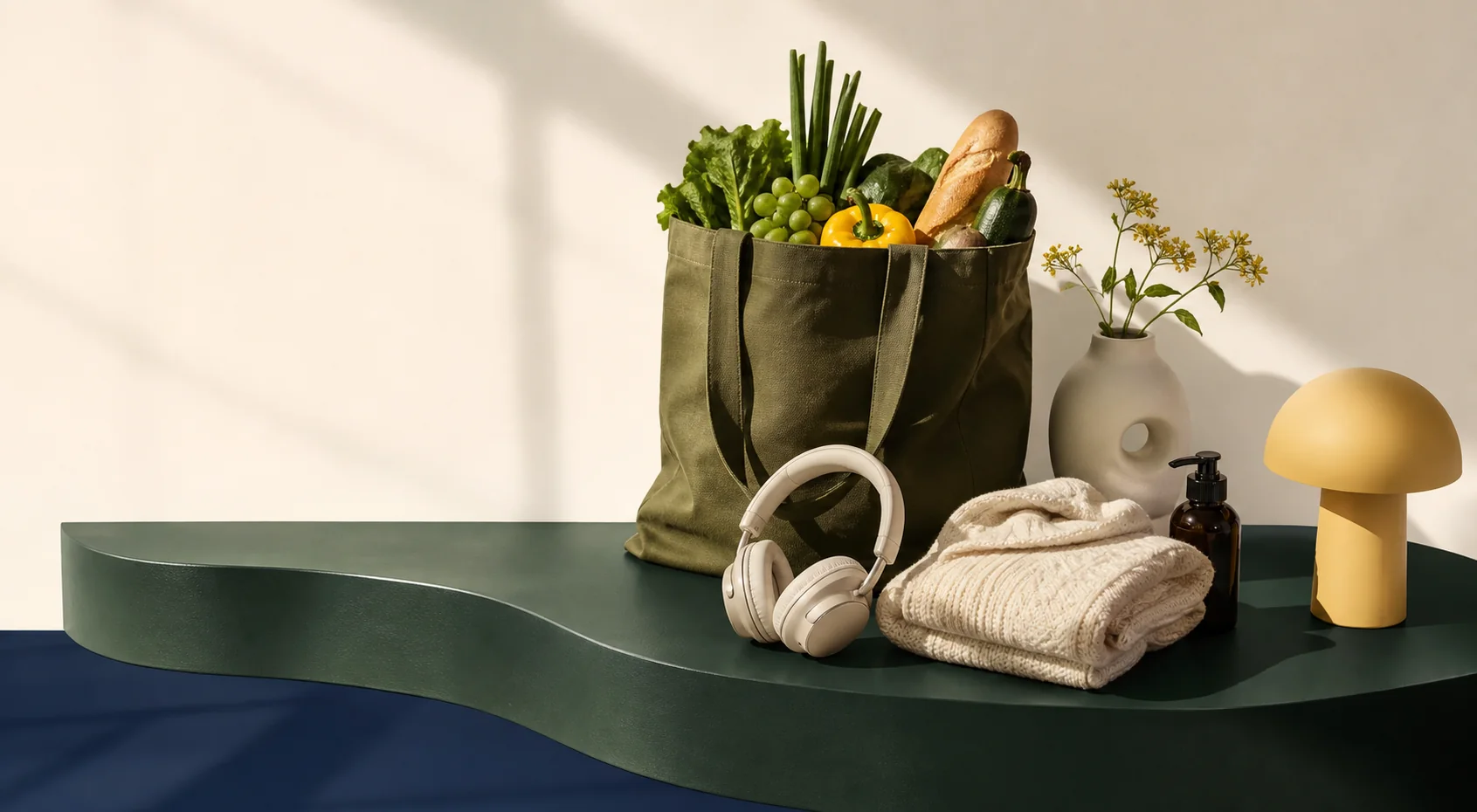 An unbranded collection of groceries, headphones, clothing, skincare, and home decor